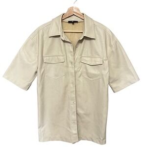7 For All Mankind Cream Vegan Faux Leather Shirt Jacket Beige Short Sleeve - S‎